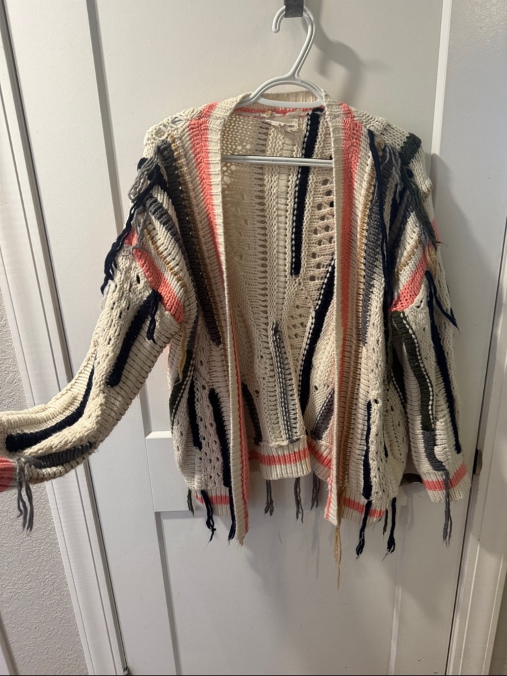 Open-Front Cream Knit Fringe Cardigan with Coral & Olive Stripes